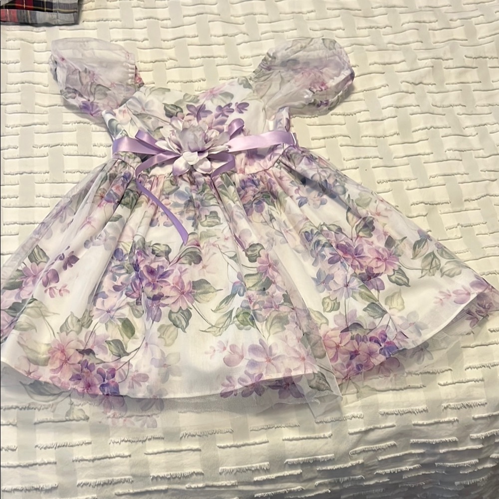 Floral Baby Dress with Purple Ribbon 3T